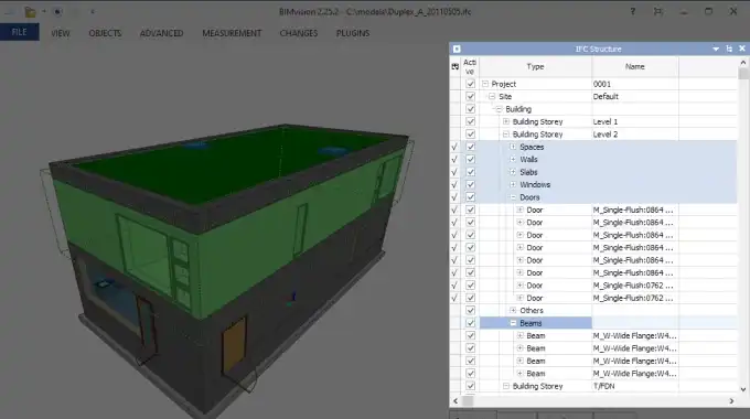 Fig 3. An IFC model opened in BIM Vision with its elements categorized into doors, beams, etc.