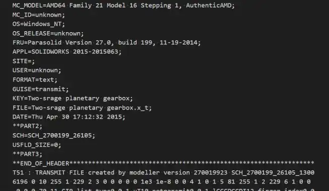 Fig. 1. The typical contents of a text Parasolid file; top portion is a header, the bottom is populated with entities.