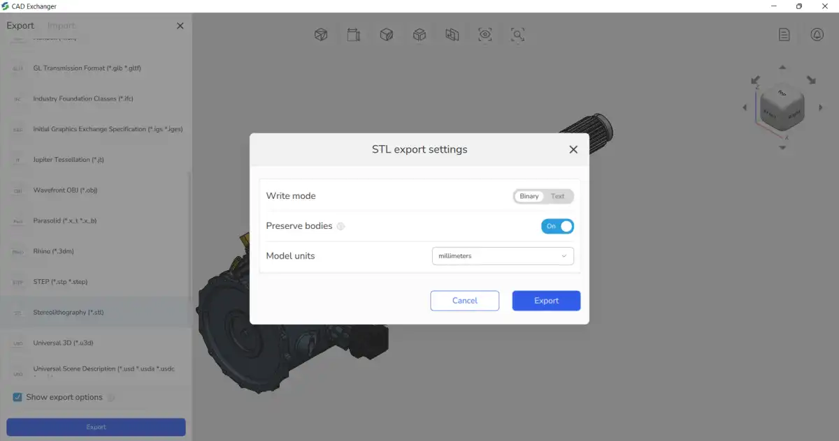 Export settings in the new CAD Exchanger interface