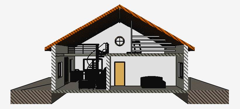 Cross-section of the facade of the building: frontal view in perspective projection