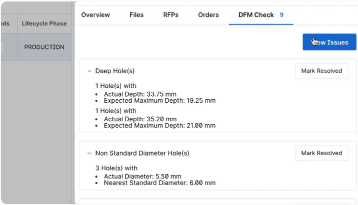 "View issues" in the DFM check tab / app.partsimony.com