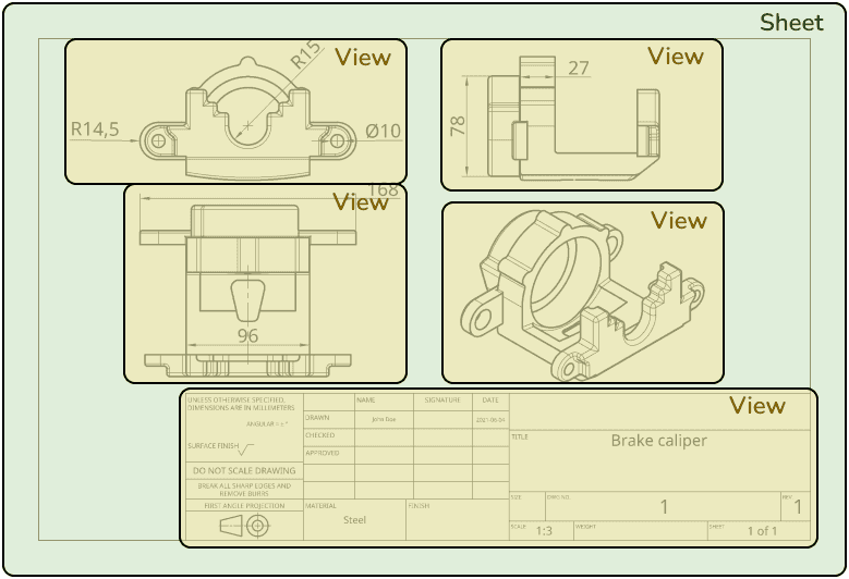 A single sheet with four drawing views