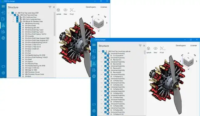 Fig. 3. Exporting STEP model to ACIS turns nested part-assembly hierarchy into a flat list of parts