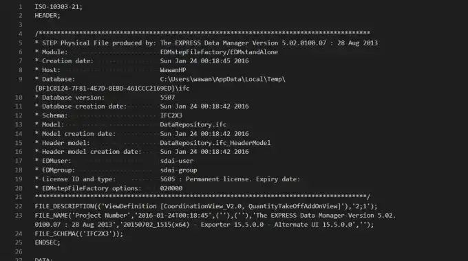 Fig. 2. Contents of an IFC file. Just like in STEP, the first half is the HEADER section with general information about the file, while the second half is the beginning of the DATA section, containing numbered entities.