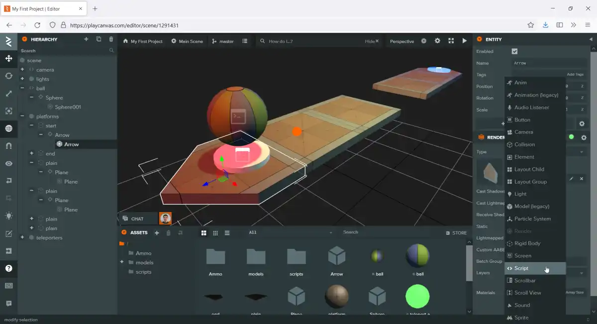 Fig. 3. PlayCanvas editor sports all the necessary attributes of a game editor: 3D view, scene graph and asset panels, object properties and attached components list.