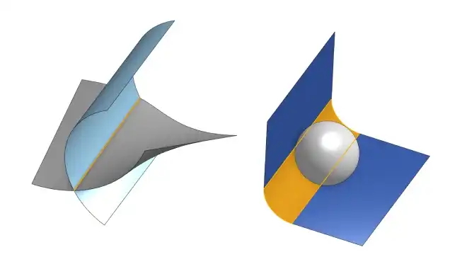 Fig. 3. Typical examples of procedural geometry in Parasolid. Left: the curve of intersection of 2 surfaces. Right: rolling ball surface