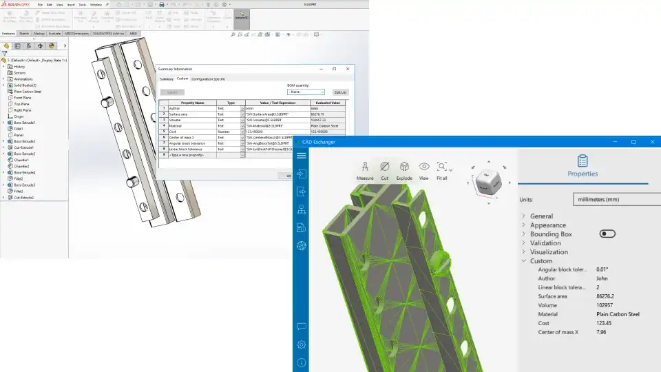 User-defined and validation properties of a SOLIDWORKS model are imported to CAD Exchanger