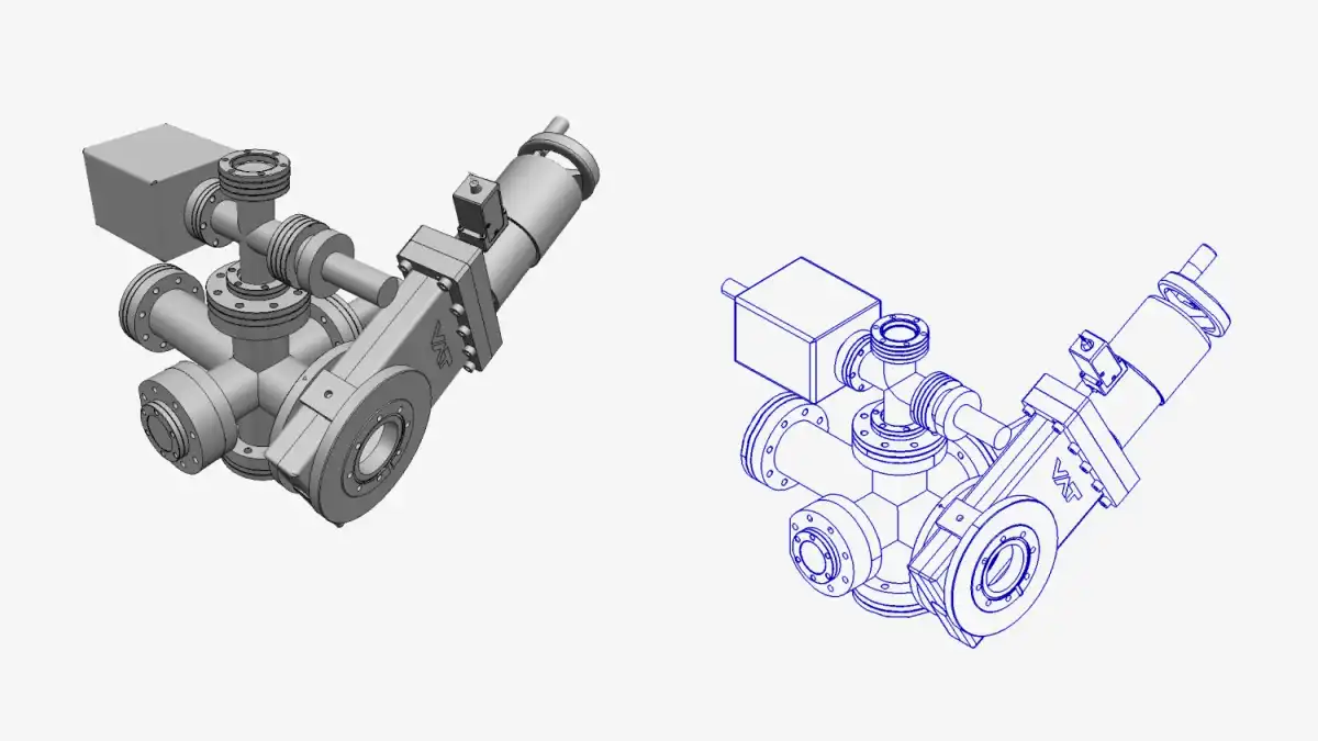 Hidden line removal (HLR) in action. Left: B-Rep geometry. Right: Model projection by CAD Exchanger algorithm.