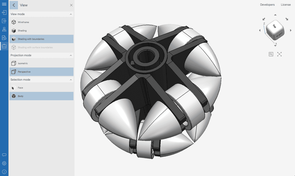 Fig. 7. 3D model of an omnidirectional wheel in Shading with boundaries mode
