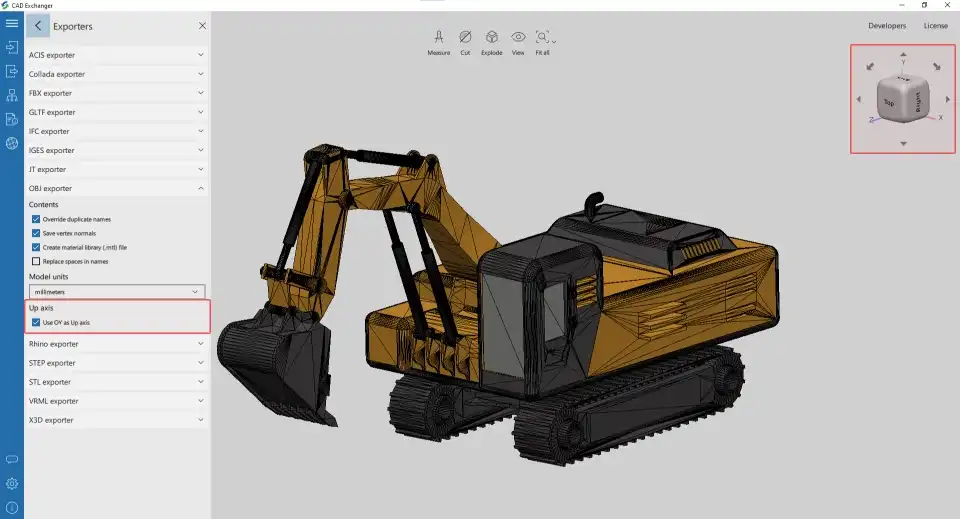 Y-axis upward orientation for Collada, FBX, GLTF, OBJ in CAD Exchanger GUI