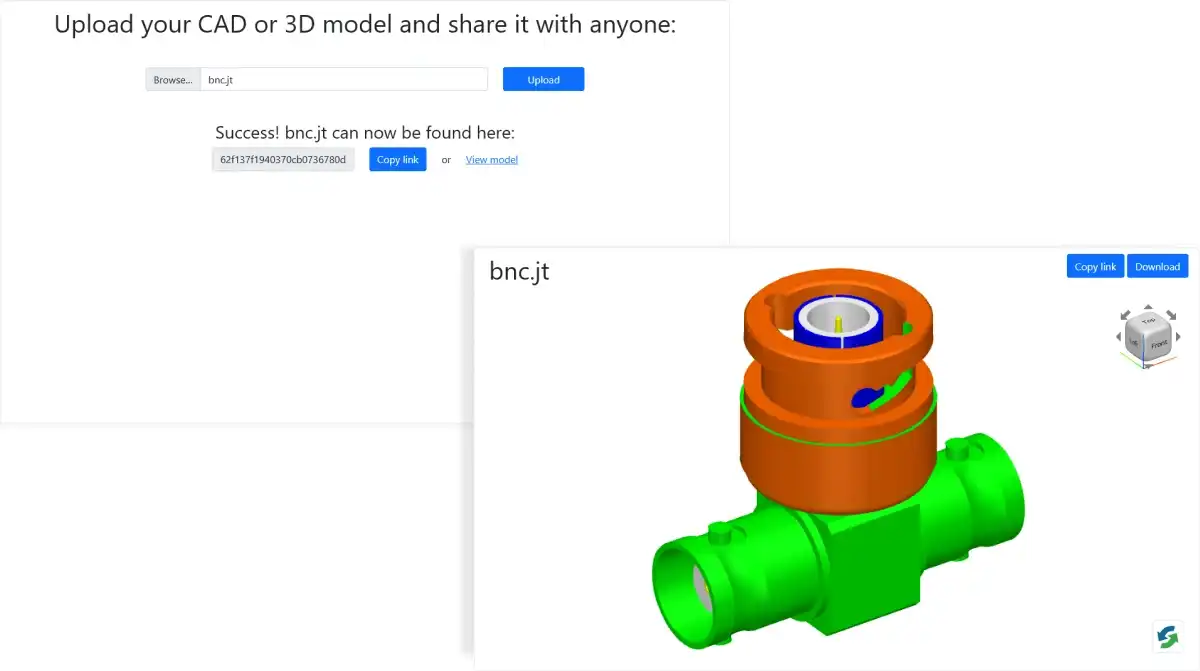 Screenshots of the finished app. Left: the upload page after the model has been successfully uploaded. Right: the share page where a user can inspect a model before downloading the original.