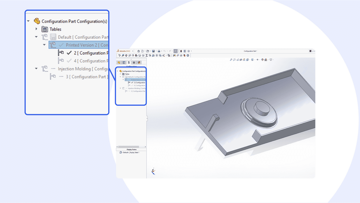 Configurations enable the generation of part families with varied dimensions, features, and attributes