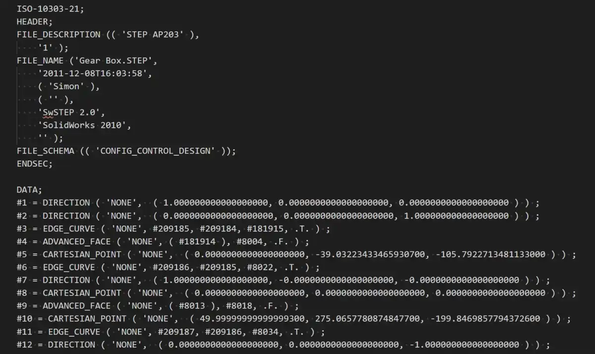 Fig. 1. An example of STEP file's contents. The first half is the HEADER section with general information about the file. The second half is the DATA section, containing numbered entities.