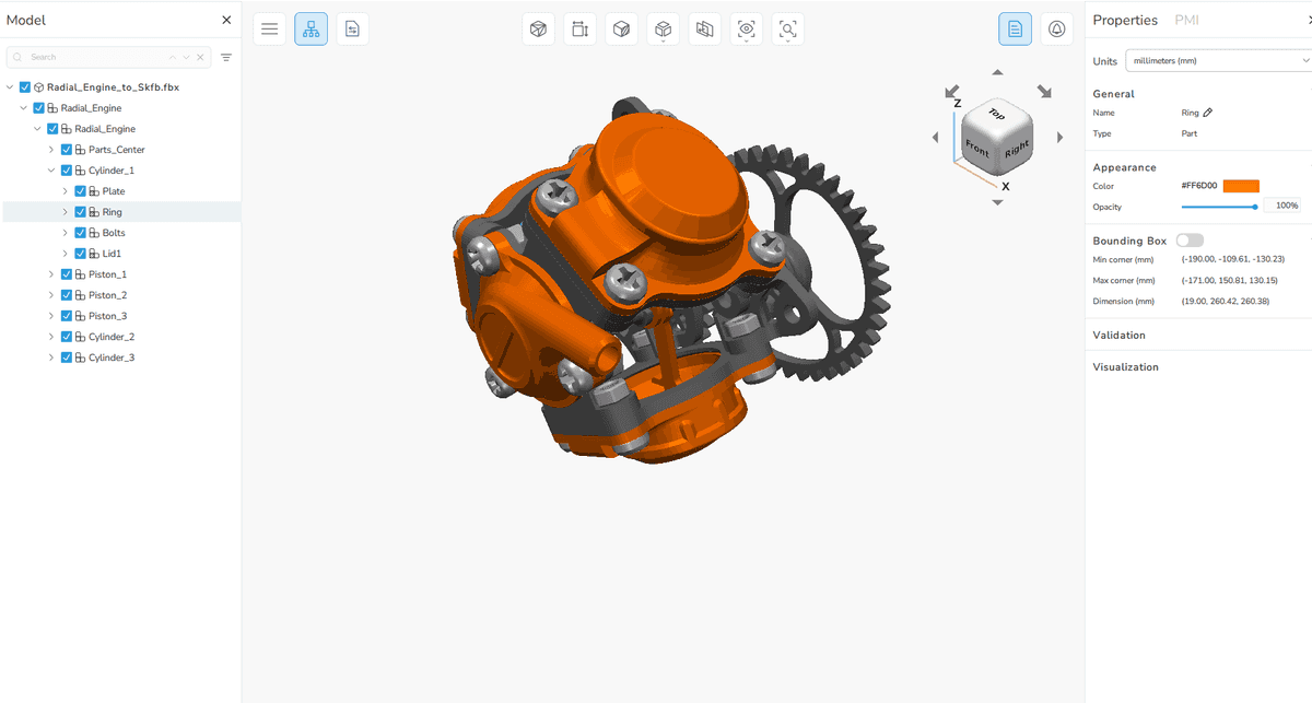 MCAD data model structure of the radial engine