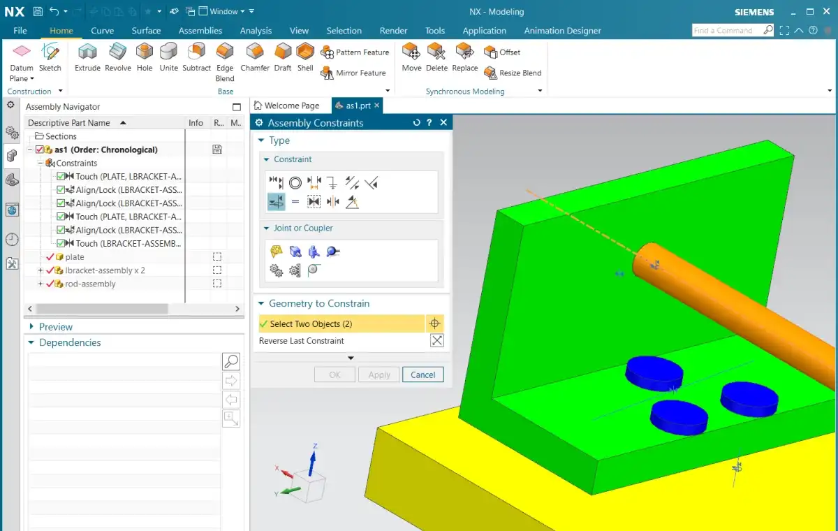 Fig. 5. Applying Align/Lock constraint in Siemens NX to place the orange rod in the hole in the green l-bracket