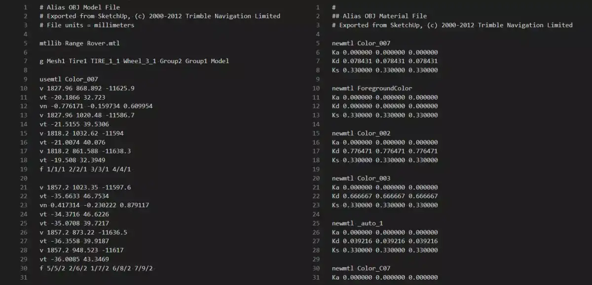 Fig. 2. Left: contents of an OBJ file. Right: contents of an associated MTL file. The OBJ file begins with definition of a group and definitions of two faces inside it. The MTL file defines several colors.